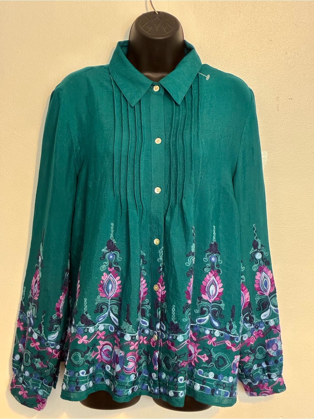 Rose & Everly teal boho embroidered pintuck pleat blouse size large